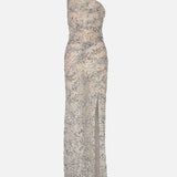 Elin One-Shoulder Draped Sequin Maxi Dress with Front Slit in Silver Sequin