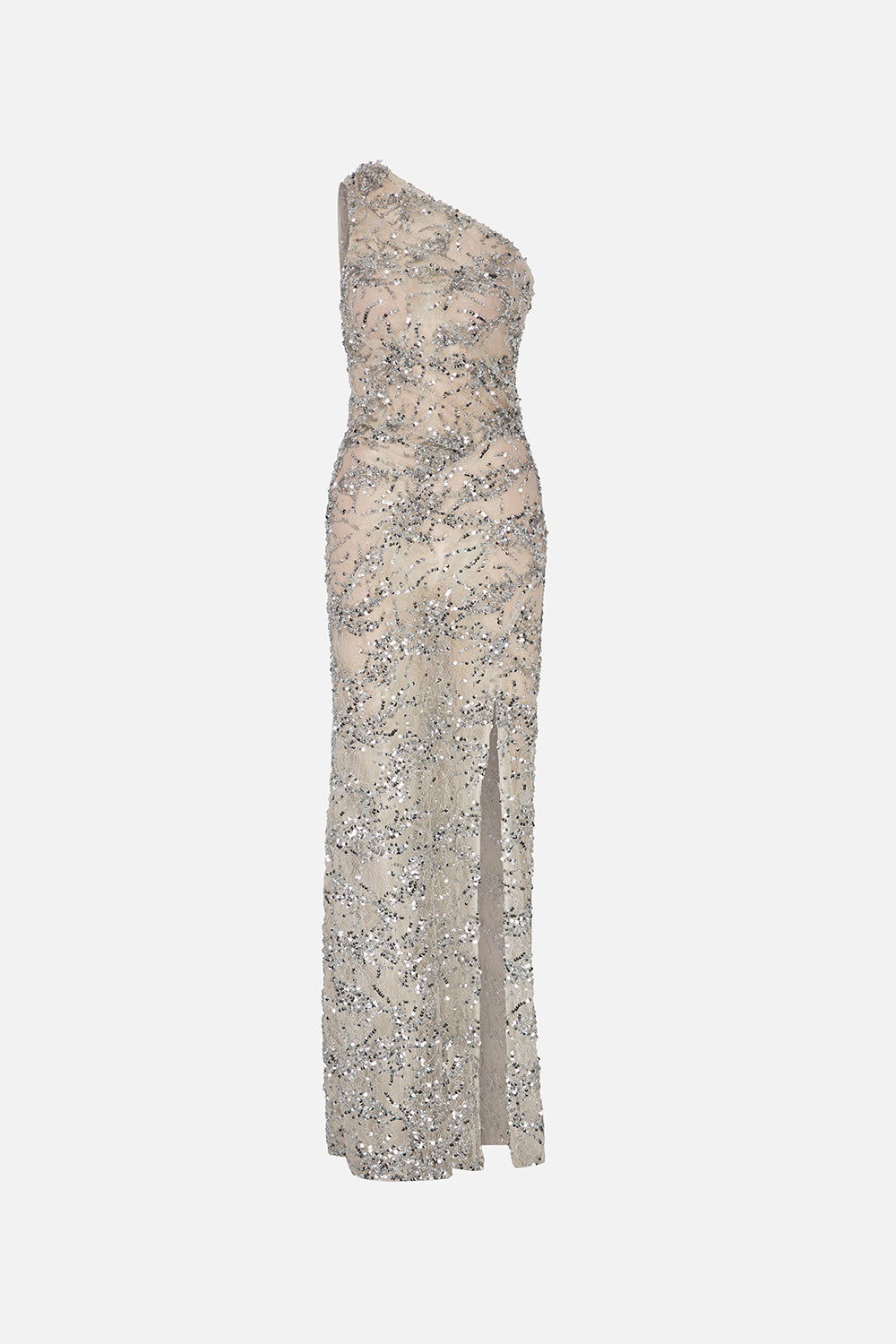 Elin One-Shoulder Draped Sequin Maxi Dress with Front Slit in Silver Sequin