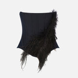 Cora Strapless Denim Corset with Hand-Crafted Leaf Feather Detail in Indigo