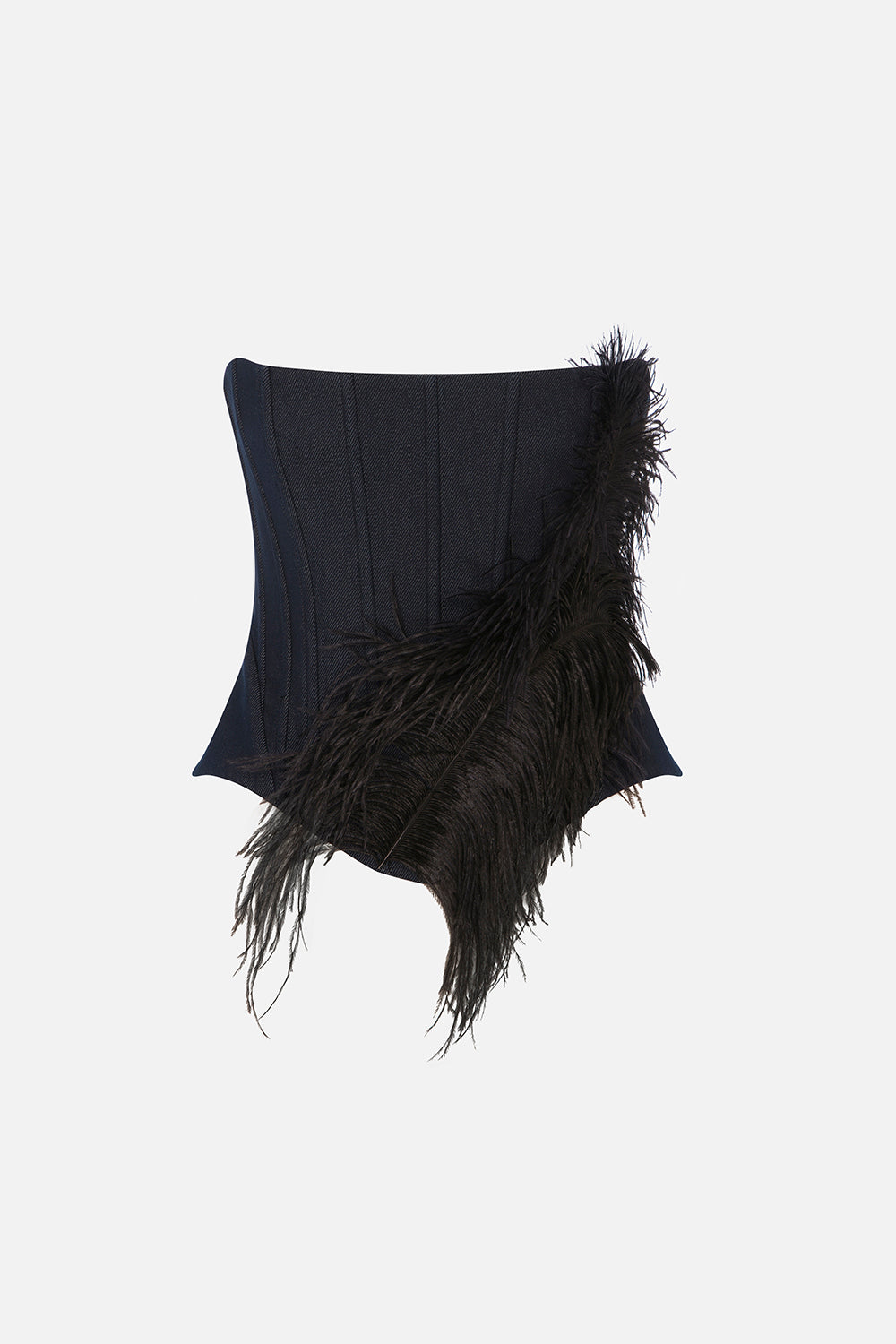 Cora Strapless Denim Corset with Hand-Crafted Leaf Feather Detail in Indigo