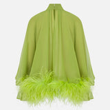 Lilia Ruched Chiffon Blouse with Feather Trim in Pistachio Green