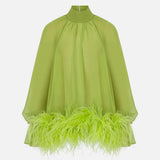 Lilia Ruched Chiffon Blouse with Feather Trim in Pistachio Green