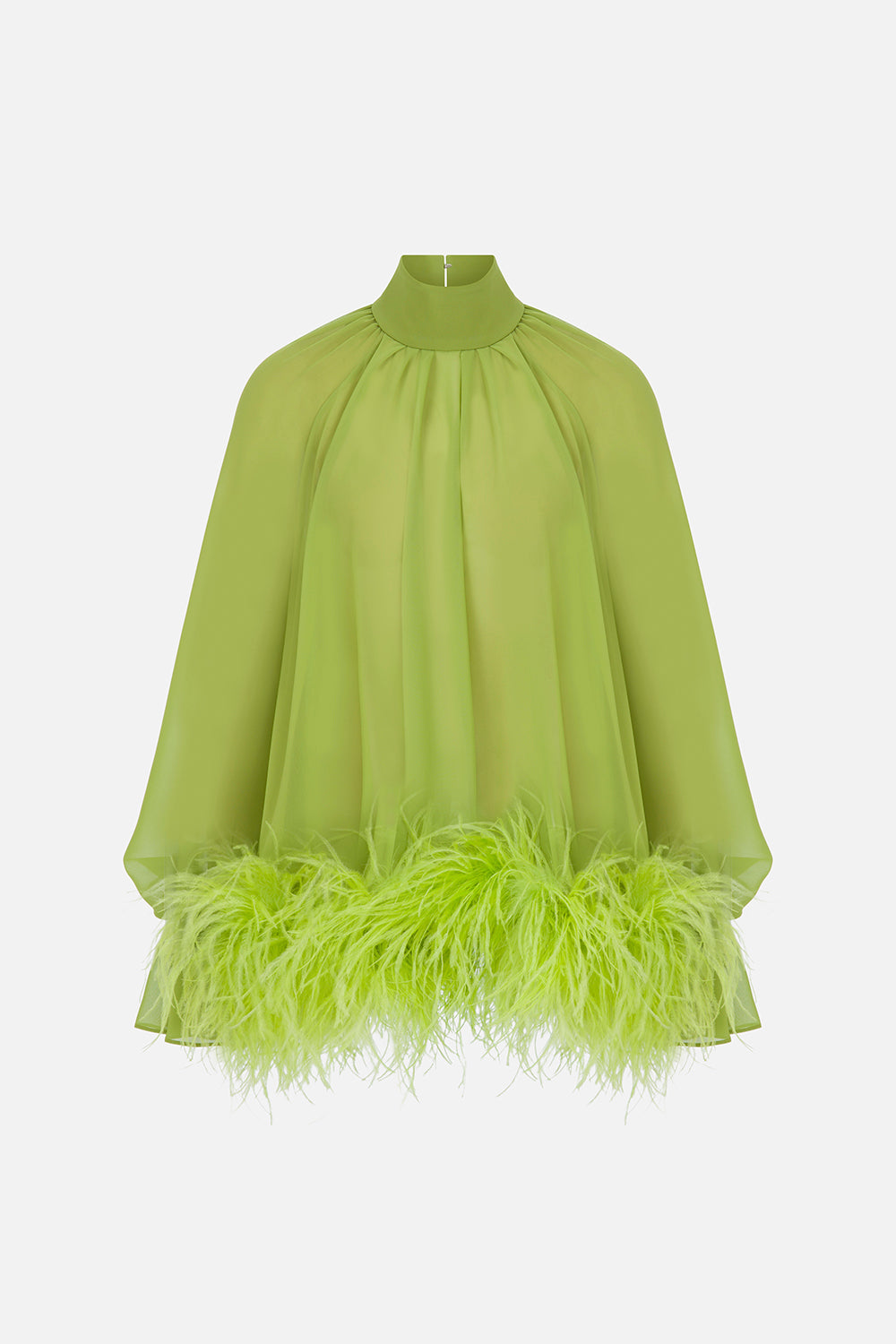 Lilia Ruched Chiffon Blouse with Feather Trim in Pistachio Green