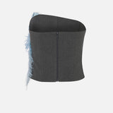 Juliet Asymmetric Strapless Feather-Trim Corset in Grey