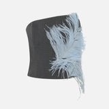 Juliet Asymmetric Strapless Feather-Trim Corset in Grey