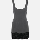 Luna U-Neck Lace-Trim Mini Dress in Grey
