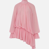 Brigitte High-Neck Draped Chiffon Mini Dress in Pink