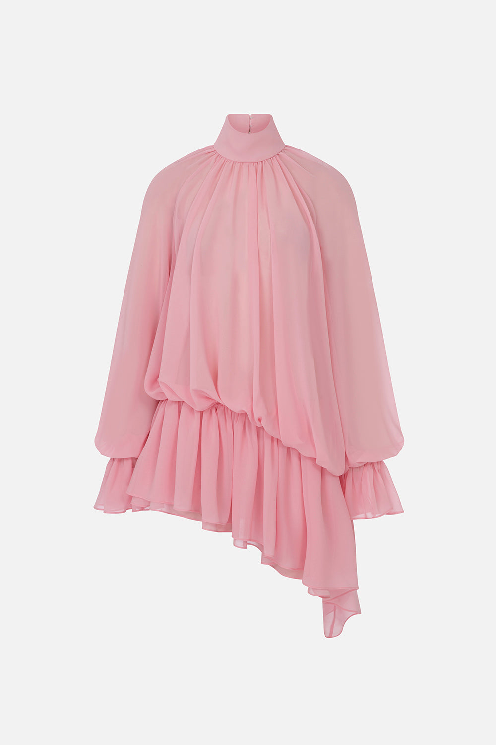Brigitte High-Neck Draped Chiffon Mini Dress in Pink