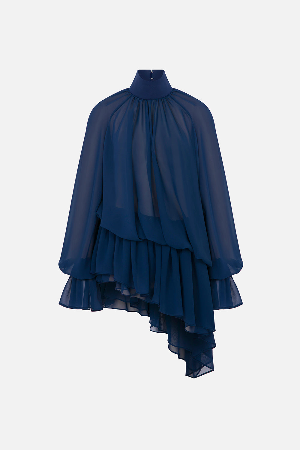 Brigitte High-Neck Draped Chiffon Mini Dress in Navy Blue