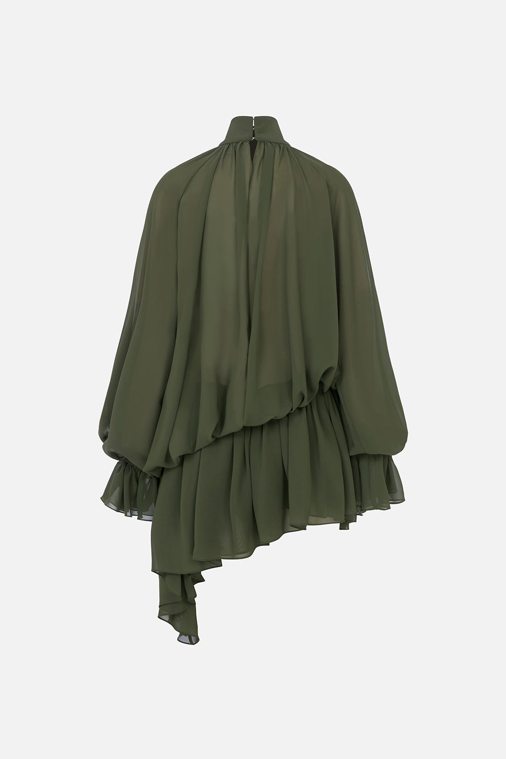 Brigitte High-Neck Draped Chiffon Mini Dress in Khaki