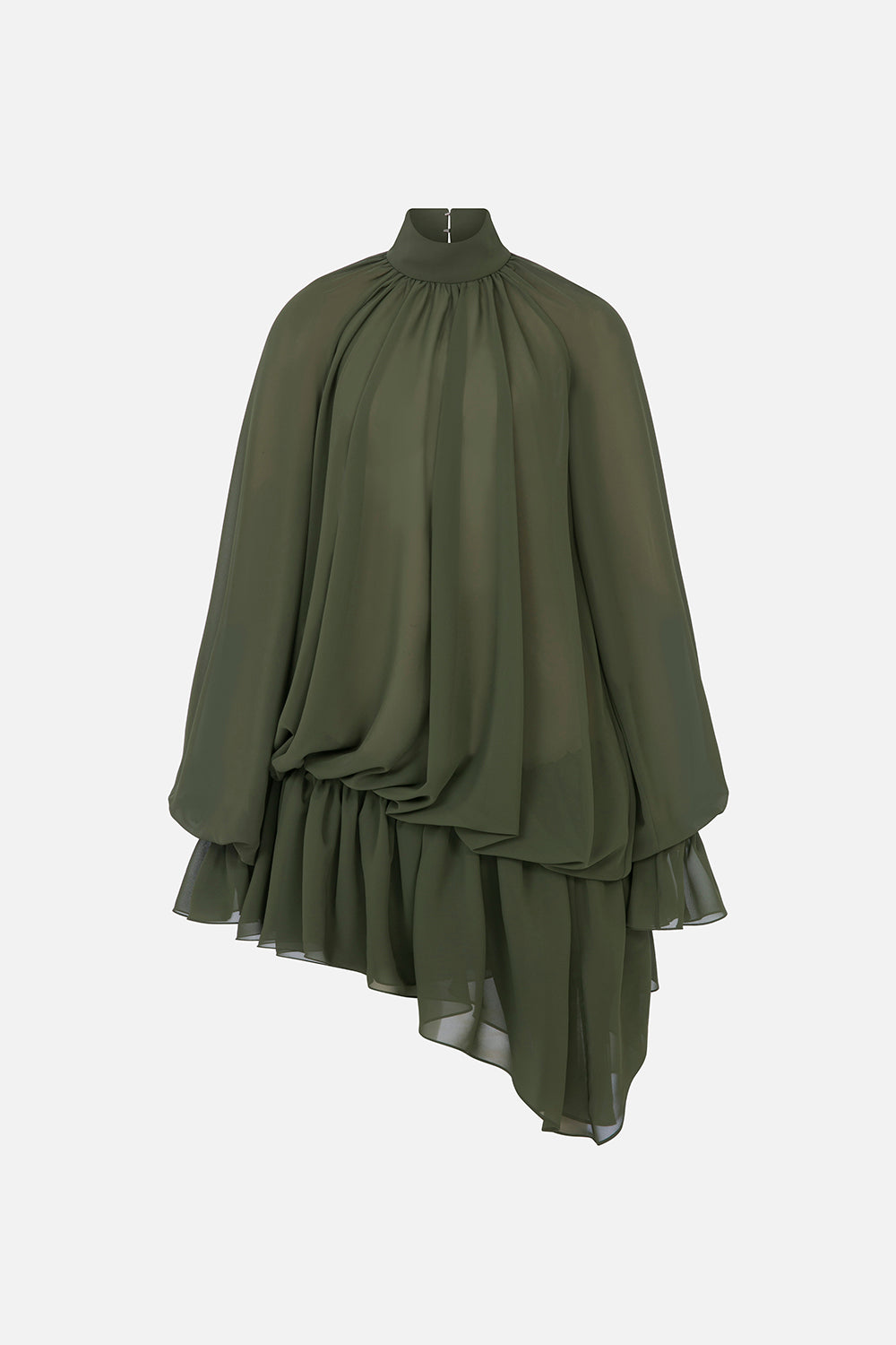Brigitte High-Neck Draped Chiffon Mini Dress in Khaki