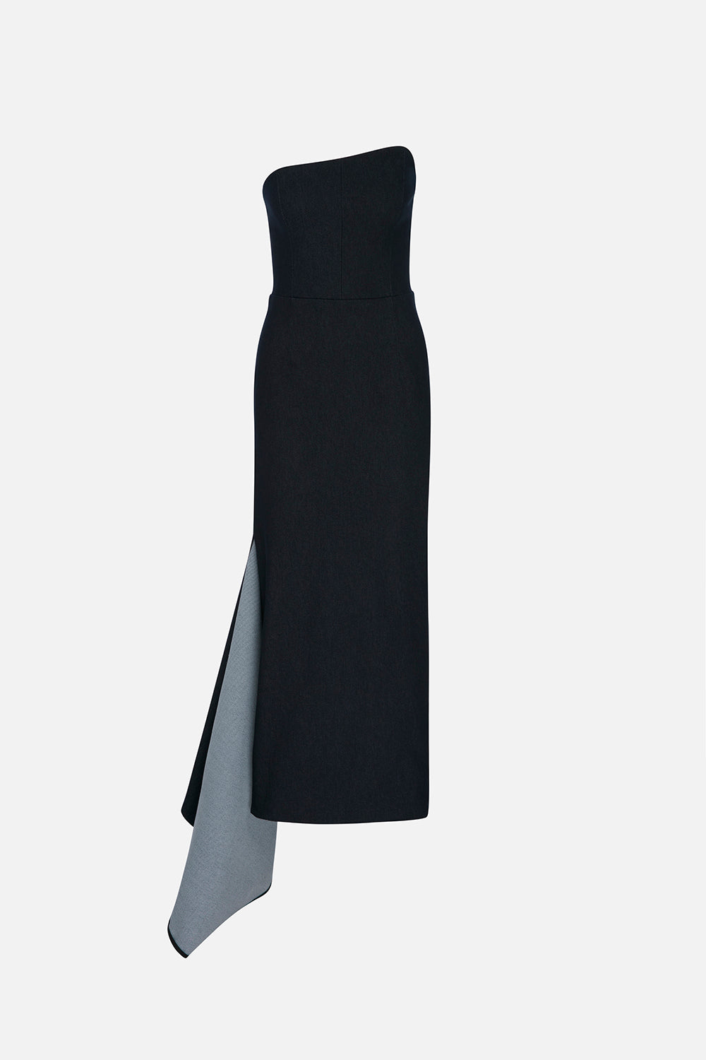 Cyra Strapless Denim Midi Dress in Indigo