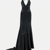 Sloane V-Neck Satin Maxi Dress in Black