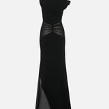 Carmen Boat-Neck Maxi Dress with Chiffon Detail in Black