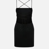 Gaia Square Neckline Beaded Lace Mini Dress in Black