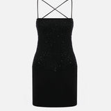 Gaia Square Neckline Beaded Lace Mini Dress in Black