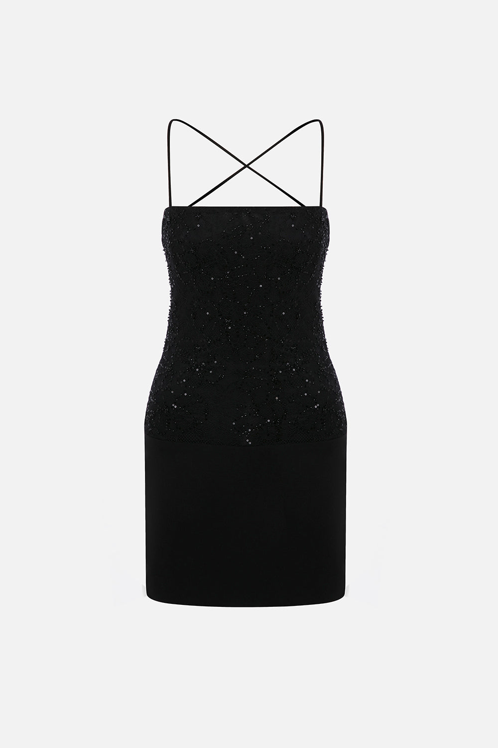 Gaia Square Neckline Beaded Lace Mini Dress in Black