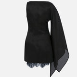 Noa Silk Organza Boat-Neck Mini Dress with Lace Underlay in Black