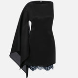 Noa Silk Organza Boat-Neck Mini Dress with Lace Underlay in Black
