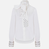 Sia Scarf-Detail Cotton Shirt with Embellished Detail in White
