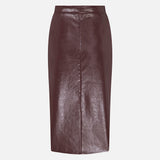 Charlotte Front-Slit Vegan Leather Midi Skirt in Burgundy