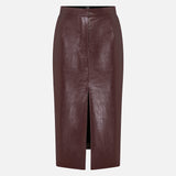 Charlotte Front-Slit Vegan Leather Midi Skirt in Burgundy