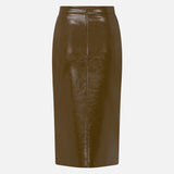Charlotte Front-Slit Vegan Leather Midi Skirt in Khaki