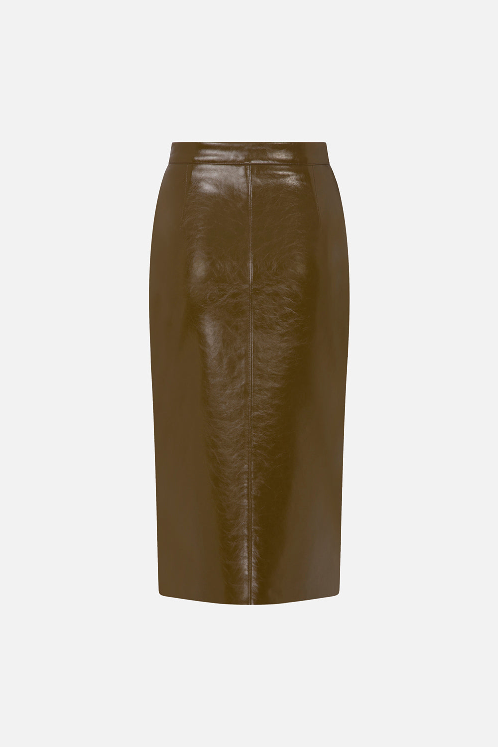Charlotte Front-Slit Vegan Leather Midi Skirt in Khaki