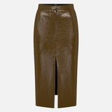 Charlotte Front-Slit Vegan Leather Midi Skirt in Khaki