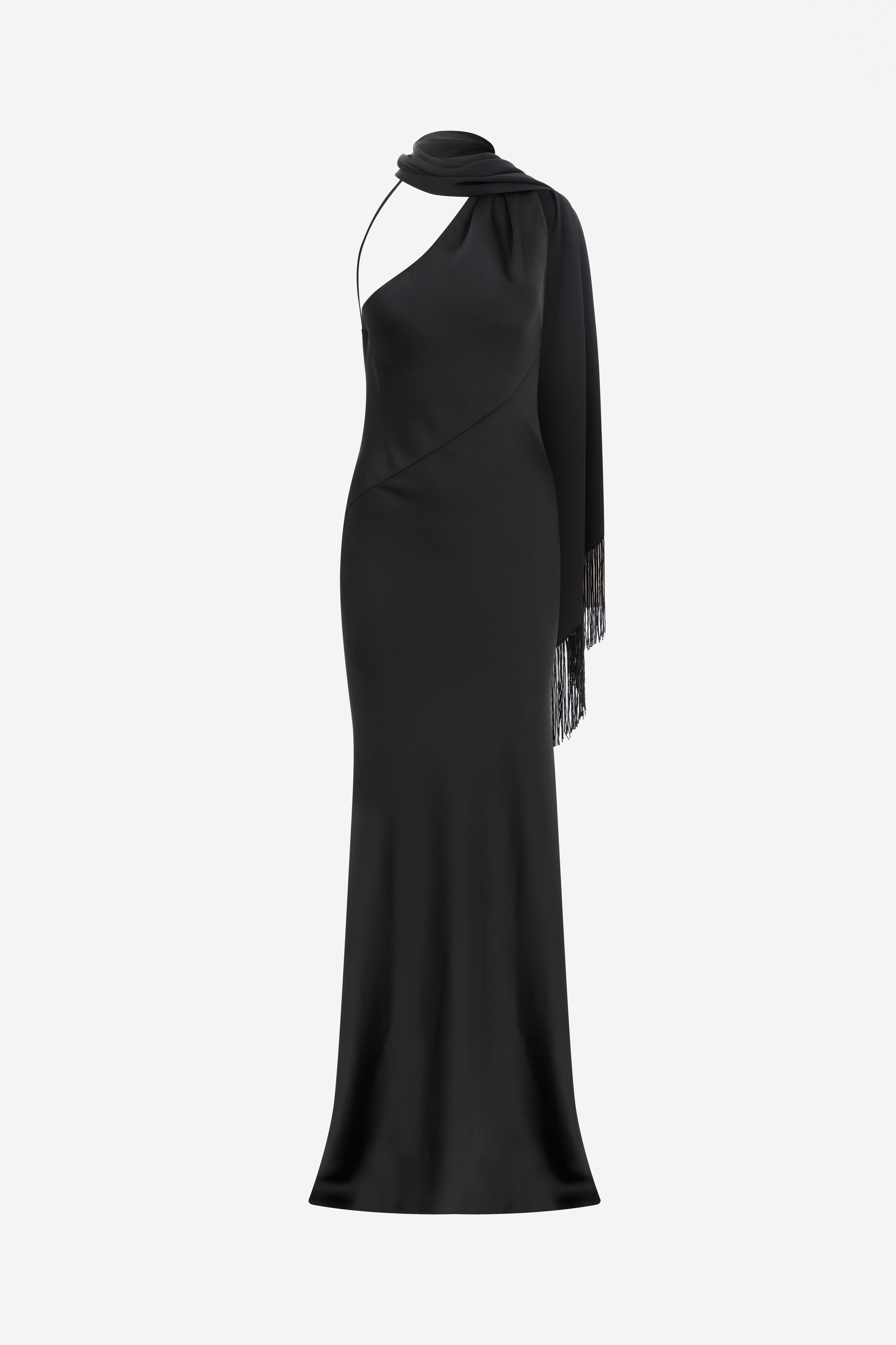 one shoulder satin dress black The Paula Stretch One Shoulder Satin Gown Navy / 6