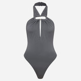 Leya - Gri Aksesuar Detaylı Sırt Dekolteli Jarse Bodysuit