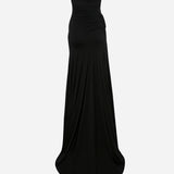 Clara-Strapless Jersey Maxi Dress With Ruhed Tail And Multiple Buckle Details in Black