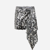 Leslie-Asymmetrical Sequin Skirt With Hand-Beaded Hem Detail in Silver