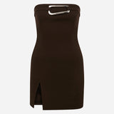 Samantha-Strapless Dress With Metal Front Detail in Brown