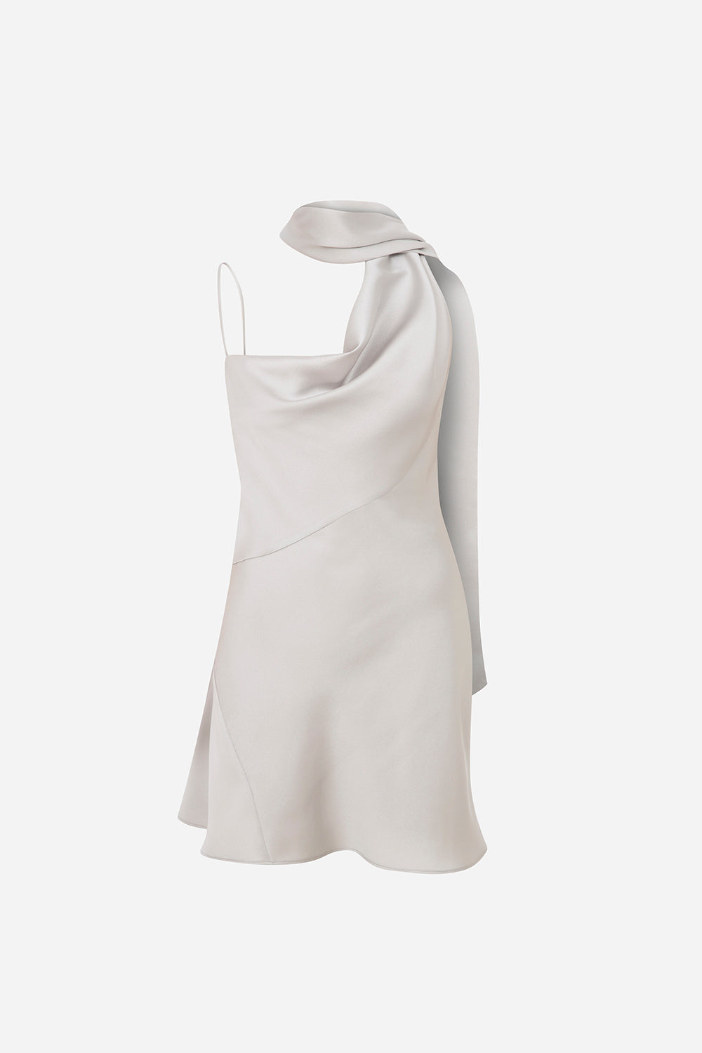 Linda-Asymmetrical Neckline Satin Mini Dress With Scarf Detail in Silv – ILA Official