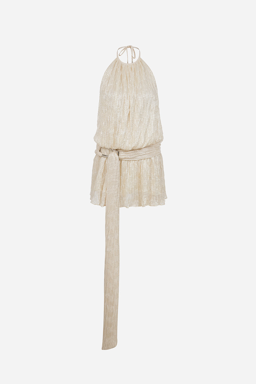 Joyce-Crinkled Open-Back Dress With Belt Buckle Detail in Champagne