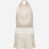 Elsa-Draped High-Neck Satin Mini Dress With Hand-Beaded Mother-Of-Pearl Belt