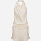 Elsa-Draped High-Neck Satin Mini Dress With Hand-Beaded Mother-Of-Pearl Belt