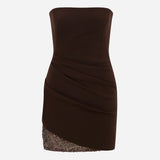 Alissa-Strapless Pleated Mini Dress With Sequin Hem Detail in Brown