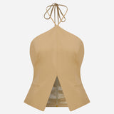 Leonie-Open-Back Triangle-Neck Vest With Front Slit