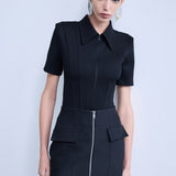 Kate - Polo Neck Corset Detailed T-Shirt in Black