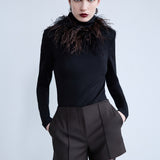 Mia - Ostrich Feather Detailed Turtle Neck Top