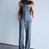 Eve - Strapless Wool Top With Button Detail in Grey