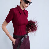 Kate - Polo Neck Corset Detailed T-Shirt in Burgundy