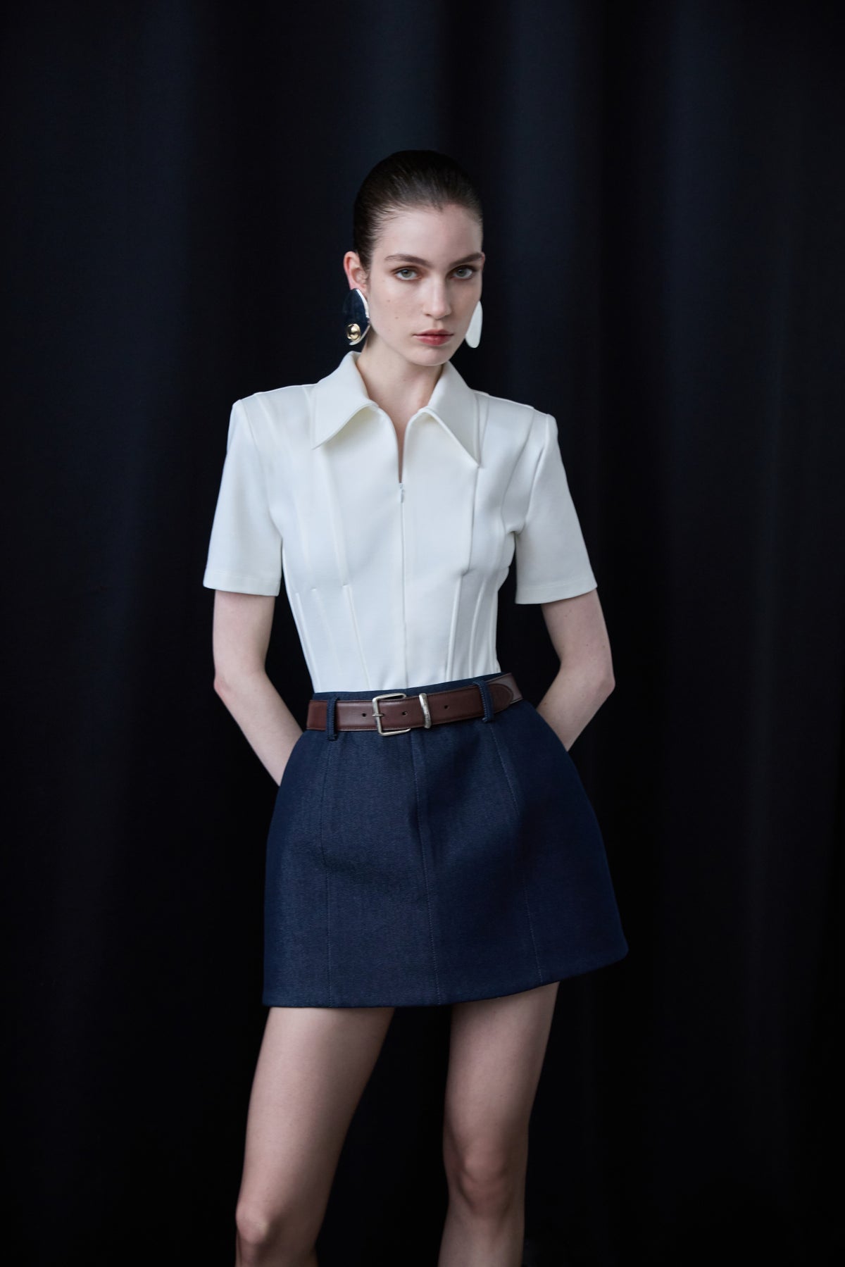 Kate-Polo Neck Corset Detailed T-Shirt in White