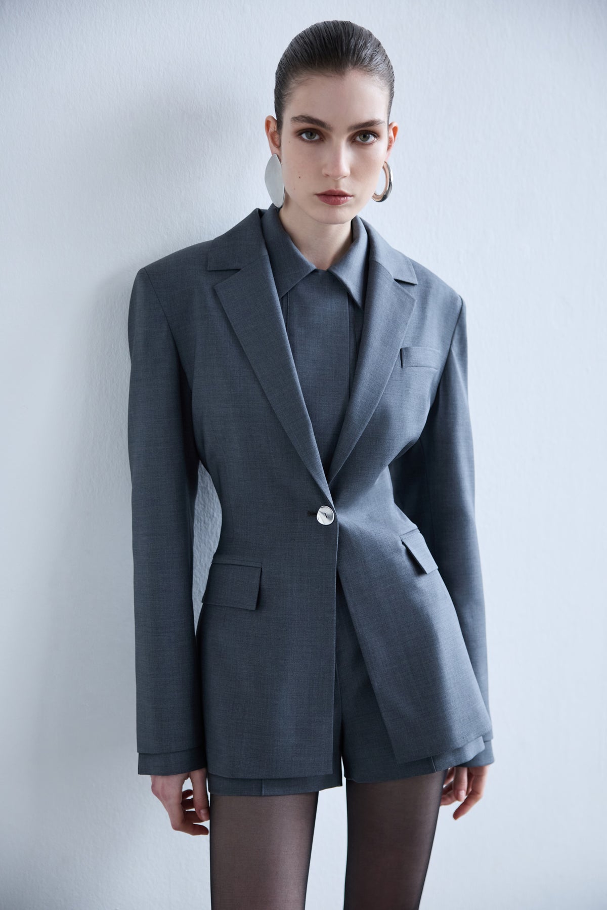 Mono-Constructed Wool Blazer in Grey