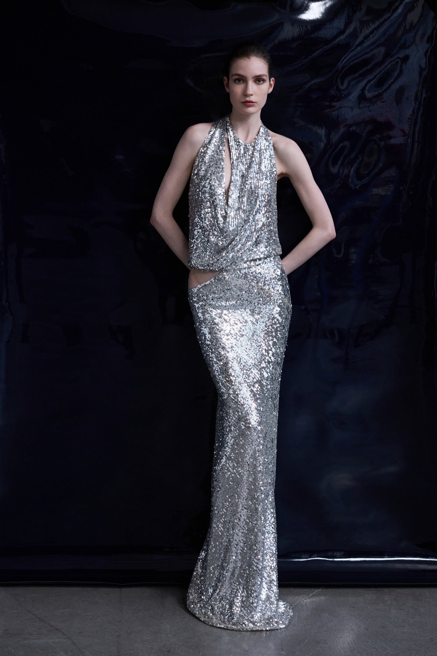 Lone-Cowl Neck Cut Out Detailed Silver Sequin Maxi Dress in Silver Seq –  ILA Official