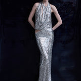 Lone - Cowl Neck Cut Out Detailed Silver Sequin Maxi Dress