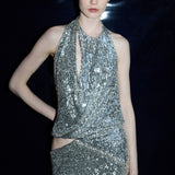 Lone - Cowl Neck Cut Out Detailed Silver Sequin Maxi Dress