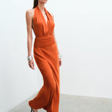 Tina - V Neck Satin Dress With Tuxedo Belt Detail in Terracotta